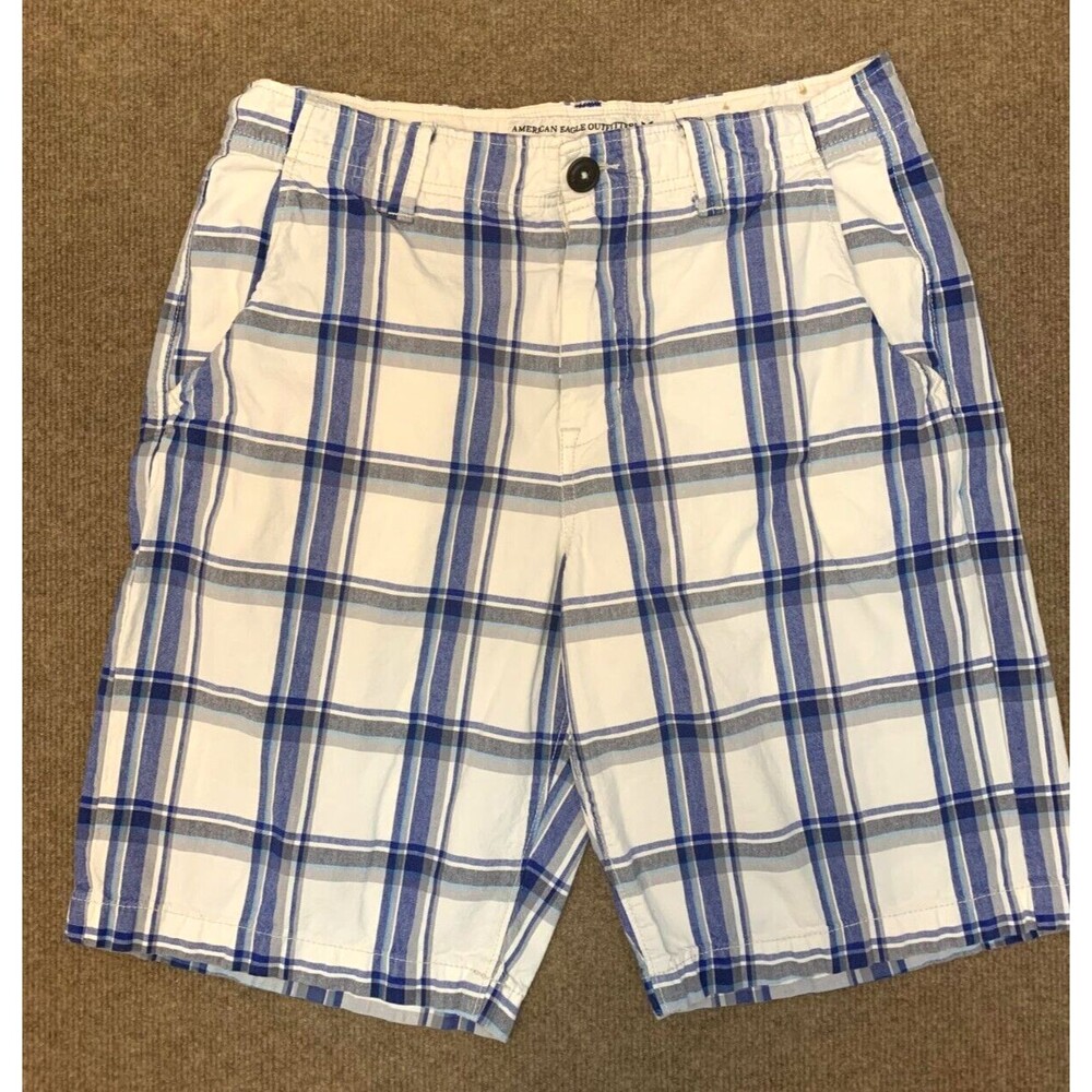 American Eagle Shorts Mens 31 Longboard Plaid Flat Front Chino Preppy Beach Surf